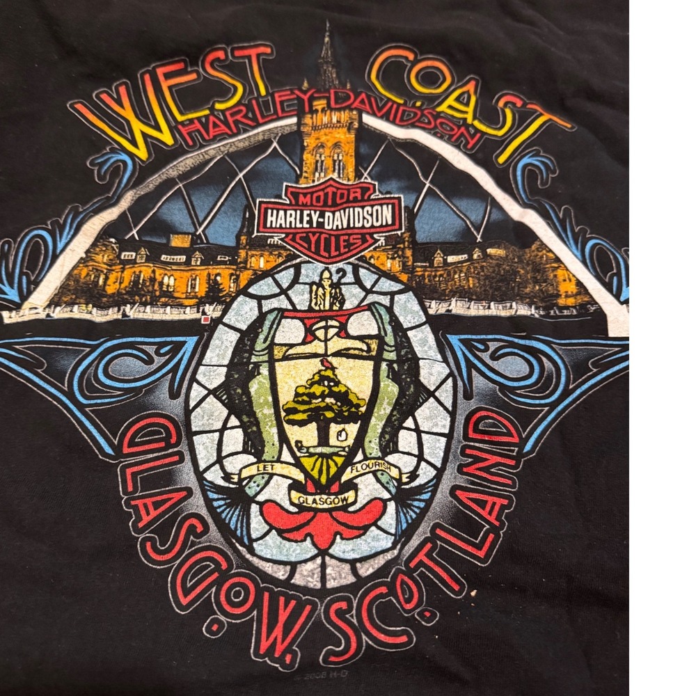 Harley Davidson Glasgow Scotland T-Shirt XL Black West Coast Flaming Dice Hanes
